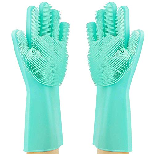 Magic Dishwashing Cleaning Sponge Gloves Reusable Silicone Brush Scrubber Gloves Heat Resistant for Dishwashing Kitchen Bathroom Cleaning Pet Hair Care Car Washing (Green)