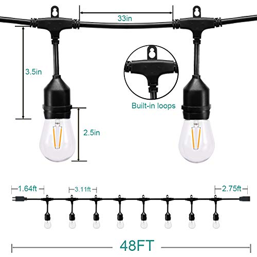 addlon LED Outdoor String Lights 48FT with 2W Dimmable Edison Vintage Plastic Bulbs and Commercial Great Weatherproof Strand - UL Listed Heavy-Duty Decorative LED Café Patio Light, Porch Market Light