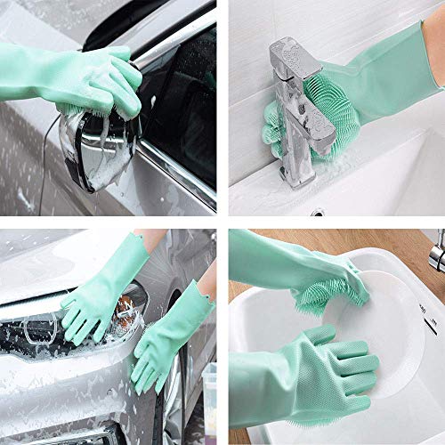 Magic Dishwashing Cleaning Sponge Gloves Reusable Silicone Brush Scrubber Gloves Heat Resistant for Dishwashing Kitchen Bathroom Cleaning Pet Hair Care Car Washing (Green)