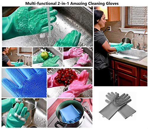 Magic Dishwashing Cleaning Sponge Gloves Reusable Silicone Brush Scrubber Gloves Heat Resistant for Dishwashing Kitchen Bathroom Cleaning Pet Hair Care Car Washing (Green)