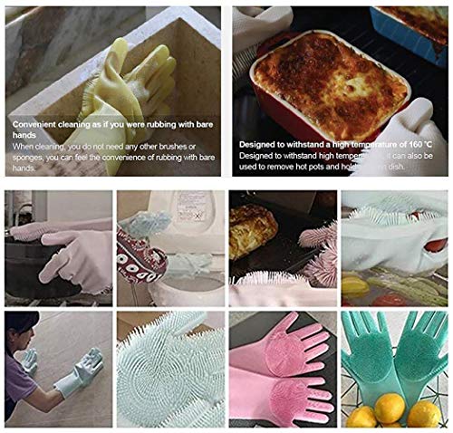 Magic Dishwashing Cleaning Sponge Gloves Reusable Silicone Brush Scrubber Gloves Heat Resistant for Dishwashing Kitchen Bathroom Cleaning Pet Hair Care Car Washing (Green)
