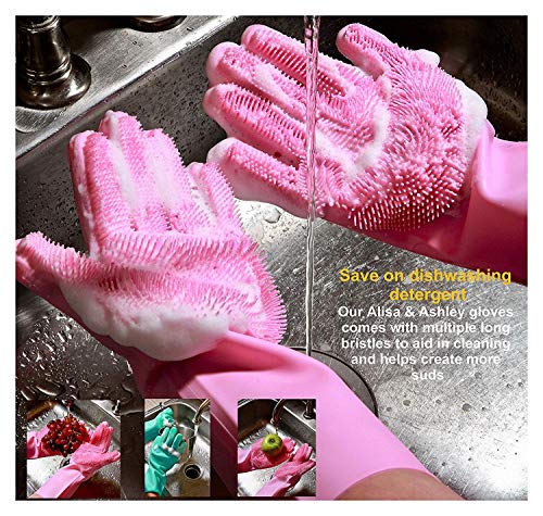 Magic Dishwashing Cleaning Sponge Gloves Reusable Silicone Brush Scrubber Gloves Heat Resistant for Dishwashing Kitchen Bathroom Cleaning Pet Hair Care Car Washing (Green)